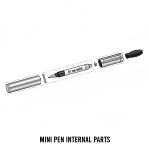 A detailed diagram showing the internal parts and refill of a mini pen.
