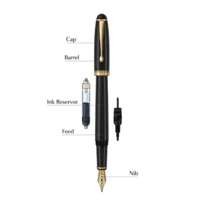 Diagram labeling the nib, ink reservoir, and barrel of professional handwriting pens.