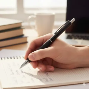 Close up of a person holding one of the best cheap pens with a comfortable grip for long writing sessions.