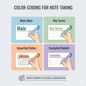 Using different colors of the best writing pen for students to improve memory retention and note organization.