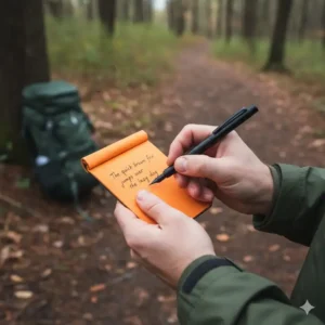 A person using a compact edc fountain pen to take notes during an outdoor hike.