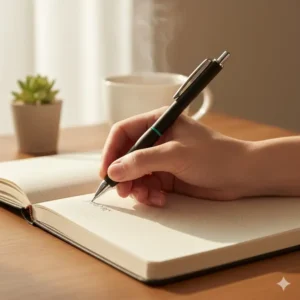 A person holding one of the most comfortable and ergonomic good pens for journaling for a long writing session.