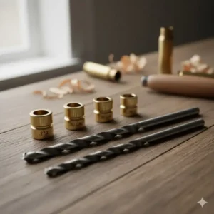 Precision bushings and specialized drill bits necessary for assembling bolt action rifle pen kits.