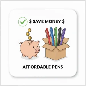 Illustration of a pack of budget pens next to a piggy bank to represent cost-effective stationery savings.