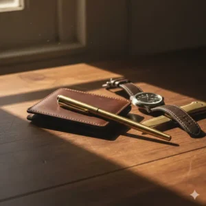 An everyday carry setup featuring a pocket knife and a durable brass pen.