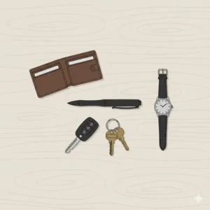 : A minimalist flat lay featuring essential everyday carry gear and matte black bullet pens.