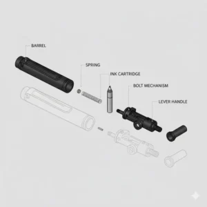 An exploded view diagram showing the internal components of a bolt action rifle pen.