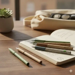 A collection of the best cheap pens made from sustainable and recycled materials on a notebook.