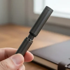 Detail of a secure screw-on cap mechanism designed to prevent leaks in an edc fountain pen.