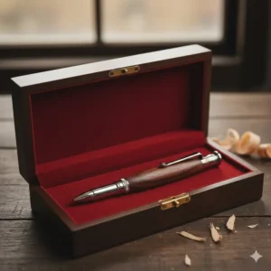 A professional bolt action pen kit finished and placed inside a premium gift box.