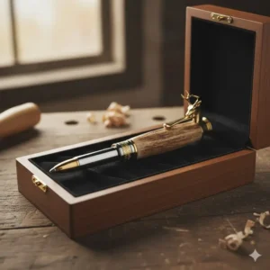A completed project using bolt action rifle pen kits displayed in a luxury velvet-lined gift box.