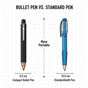 A side-by-side scale comparison between a standard office ballpoint and portable bullet pens.