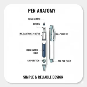 An exploded view illustration showing the internal components and reliable design of standard budget pens.