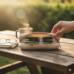 A compact travel case containing a curated selection of good pens for journaling for writers on the move.