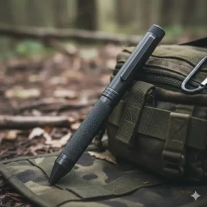 A rugged bolt action rifle pen placed on camouflage gear for outdoor and tactical use.