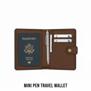 A compact mini pen stored securely inside a leather travel wallet.