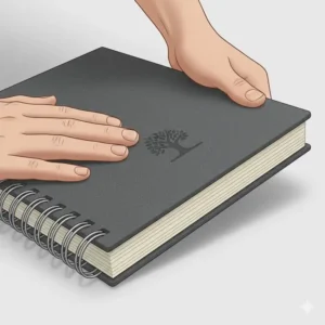 Close-up illustration showing the sturdy wrap-around cover of a durable hardcover spiral journal.