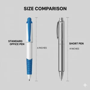 A side-by-side comparison showing a 4-inch short pen next to a standard 6-inch office pen.