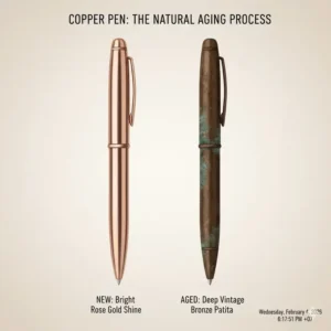 A visual side-by-side comparison showing the natural patina and aging process of a solid copper pen.