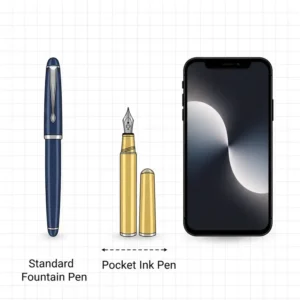 A detailed size comparison between a standard fountain pen and a compact pocket ink pen next to a smartphone.