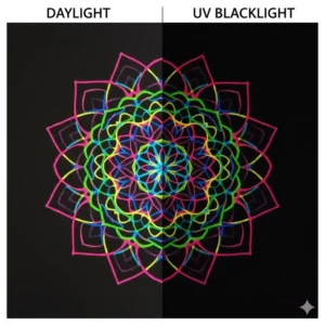 A side-by-side comparison of neon ink from a glow in the dark paint pen in daylight versus under UV blacklight.