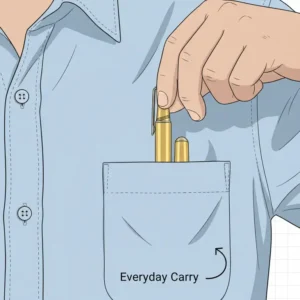 An illustration of a gold pocket ink pen clipped to a shirt pocket, demonstrating its everyday carry convenience.