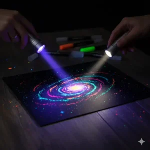 Illustration showing how to charge drawings made with glow in the dark paint markers under a UV light.