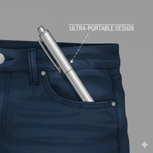 Illustration of a sleek short pen fitting perfectly inside a front pants pocket.