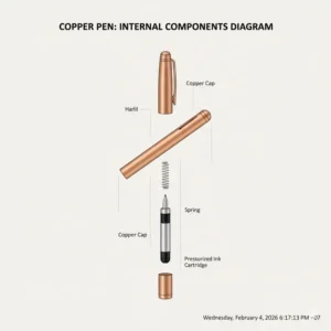 Detailed exploded view diagram showing the internal components and bolt action of a copper pen.