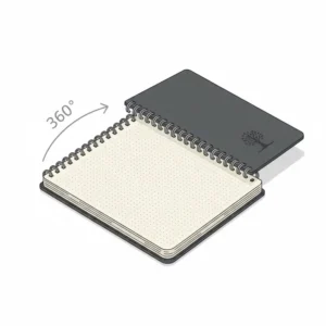 Diagram of a hardcover spiral journal opening 360 degrees for a flat writing surface.