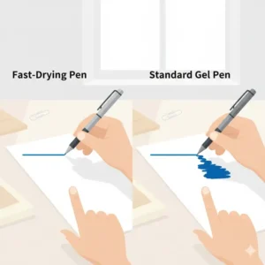 An illustration of a left-handed person writing without smudging their work thanks to fast drying pens.