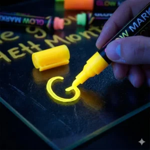 A hand using a yellow glow markers to write a bright message on a glass board.