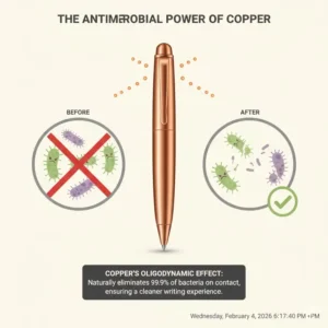 Infographic explaining the natural antimicrobial and germ-fighting properties of a copper pen.
