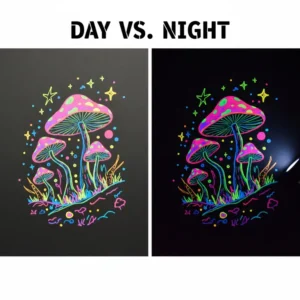 Split-screen view showing the daylight appearance versus the night effect of glow in the dark paint markers.