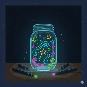 Creative DIY home decor project showing glowing stars drawn on a glass mason jar using glow in the dark markers.