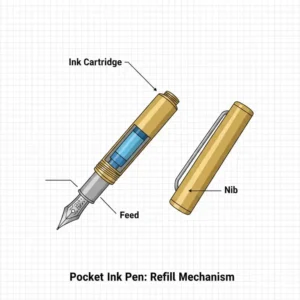 A technical diagram showing the internal refill mechanism and ink cartridge of a professional pocket ink pen.