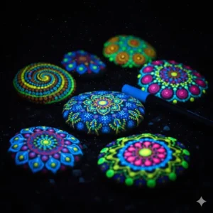 Close-up illustration of decorative garden rocks painted with intricate patterns using a fine-tip glow in the dark paint pen.