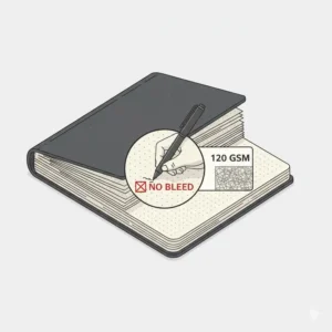 Illustration highlighting 120gsm bleed-resistant paper inside a hardcover spiral journal.