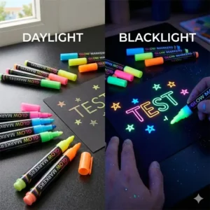 Comparison of glow markers under regular indoor lighting versus glowing under a UV blacklight.