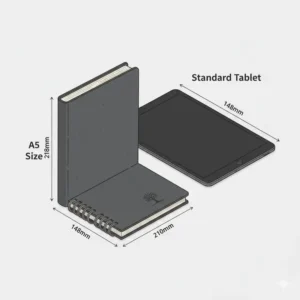 Size comparison graphic showing an A5 hardcover spiral journal next to a standard tablet.