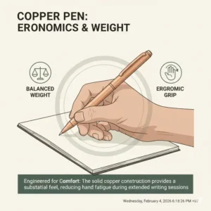 Close-up illustration of a hand demonstrating the ergonomic grip and balanced weight of a copper pen.