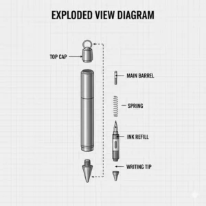 An exploded view diagram showing the refill, spring, and barrel of a compact short pen.