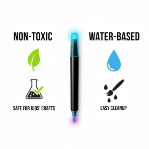 An icon-based illustration highlighting the non-toxic and water-based features of a glow in the dark paint pen for kids' crafts.