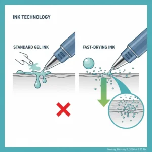 A professional setting showing rapid note-taking in a meeting facilitated by the quick-set ink of fast drying pens.
