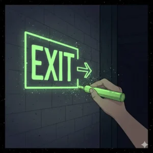 High visibility emergency exit sign hand-drawn on a wall using permanent glow in the dark markers.