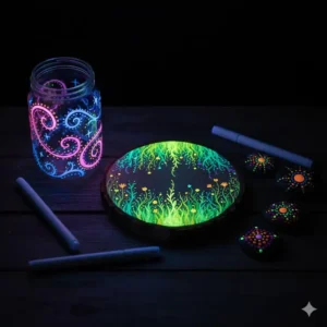 Creative designs on glass, wood, and stone surfaces using glow in the dark paint markers.