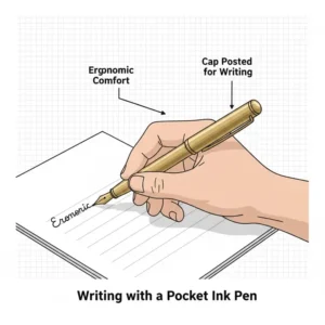 A hand holding a pocket ink pen in a posted position to show ergonomic comfort while writing.