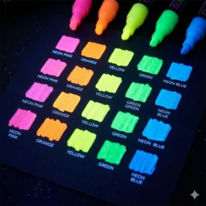 A variety of glow markers ink swatches featuring pink, orange, green, and blue neon hues.