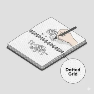 Illustration of the interior pages of a dotted grid hardcover spiral journal for bullet journaling.