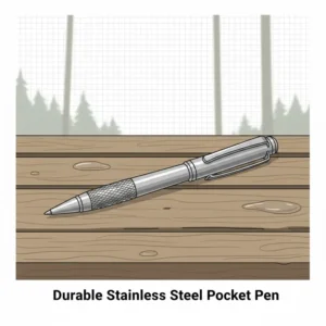 A rugged stainless steel pocket ink pen placed on a wooden surface to highlight its durability.